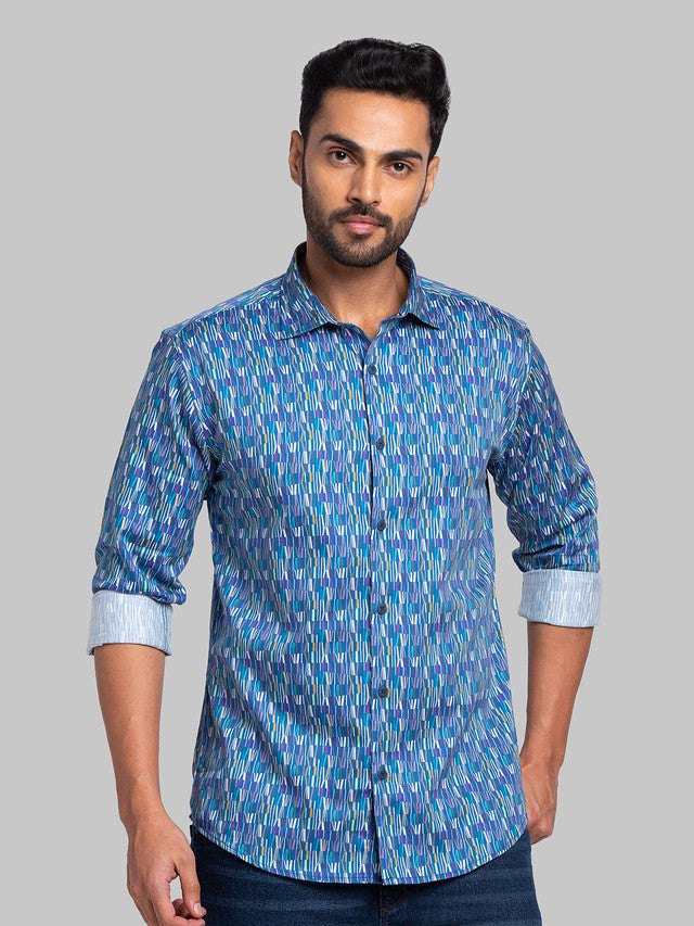 Park Avenue Men Blue Printed Slim Fit Full Sleeve Cut Away Collar Shirt