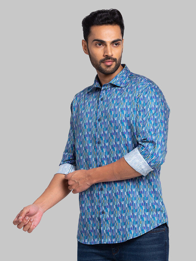 Park Avenue Men Blue Printed Slim Fit Full Sleeve Cut Away Collar Shirt