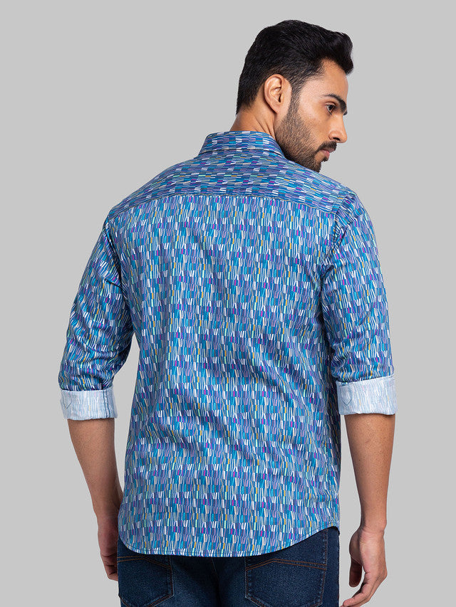 Park Avenue Men Blue Printed Slim Fit Full Sleeve Cut Away Collar Shirt