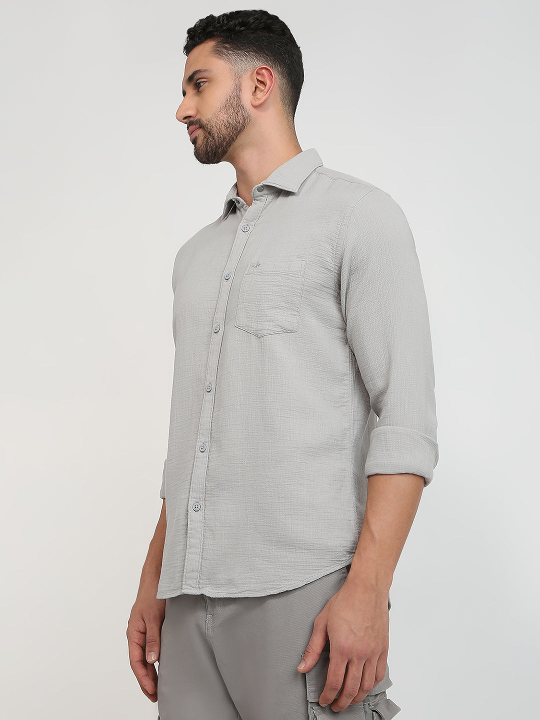 Park Avenue Men Grey Solid Slim Fit Cotton Casual Shirt