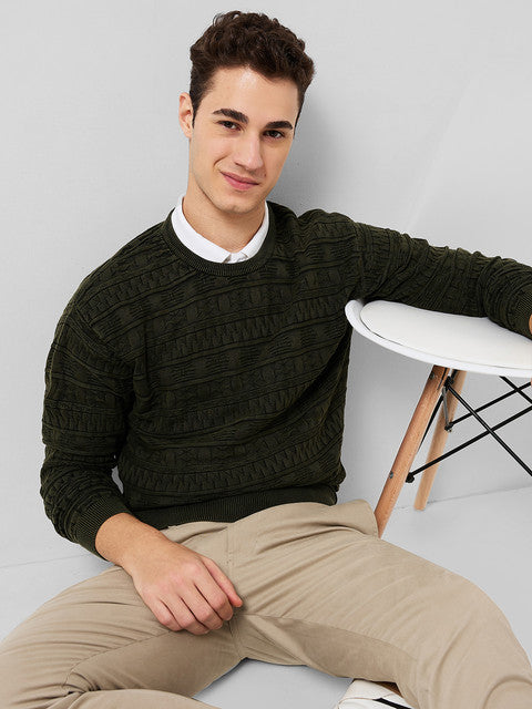 Park Avenue Men Green Solid Regular Cotton Sweater