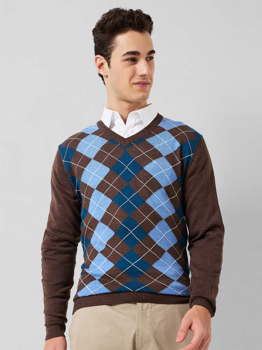 Park Avenue Men Brown Argyle Regular Fit Acro Blend Full Sleeve Round Neck Collar Sweater