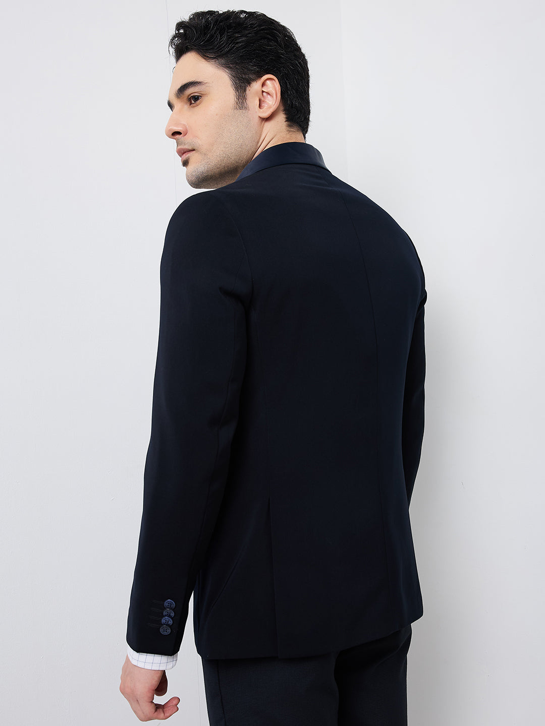 Park Avenue Men Blue Solid Super Slim Fit Polyester Blazer
