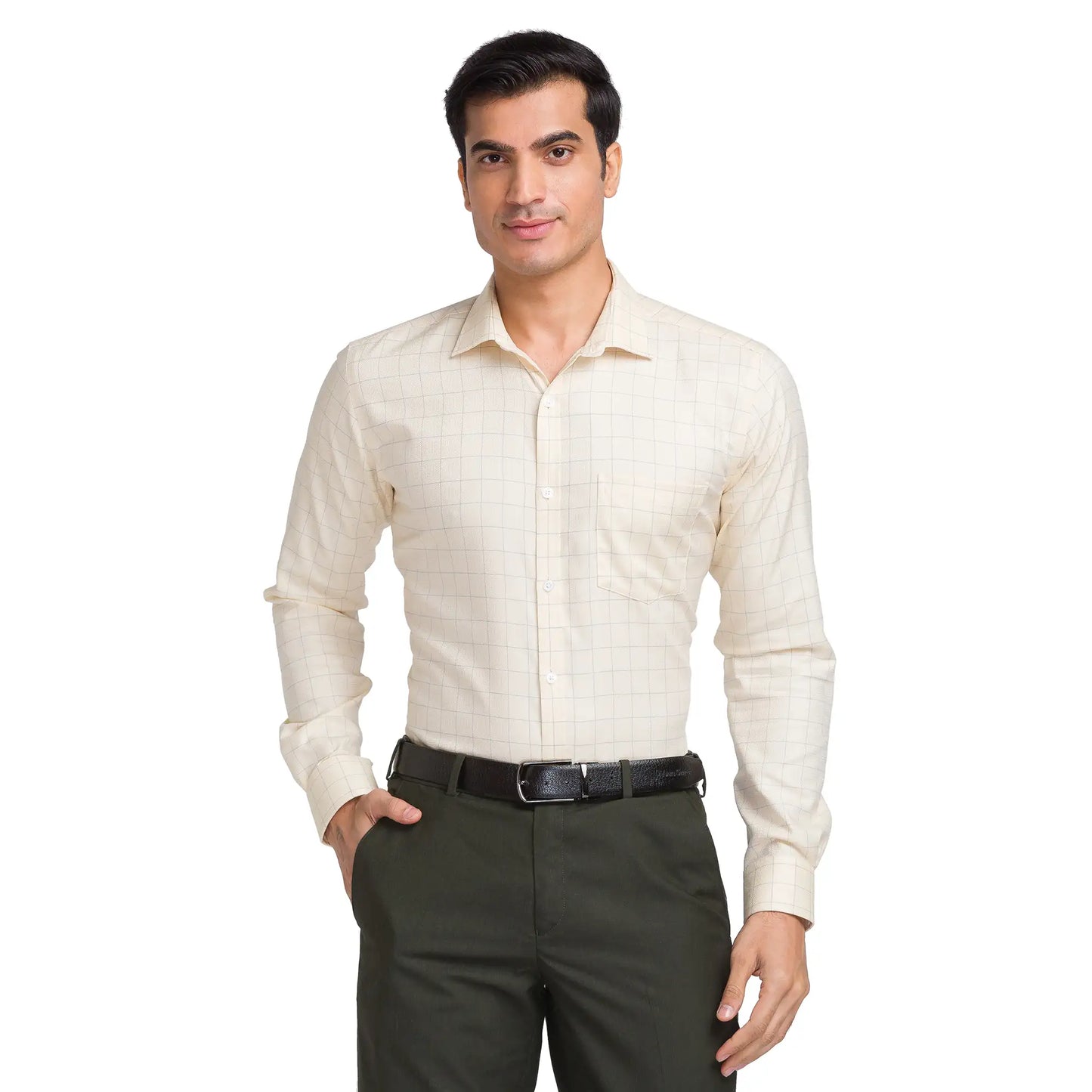 Men Yellow Slim Fit Checks Cotton Cut Away Collar Shirts