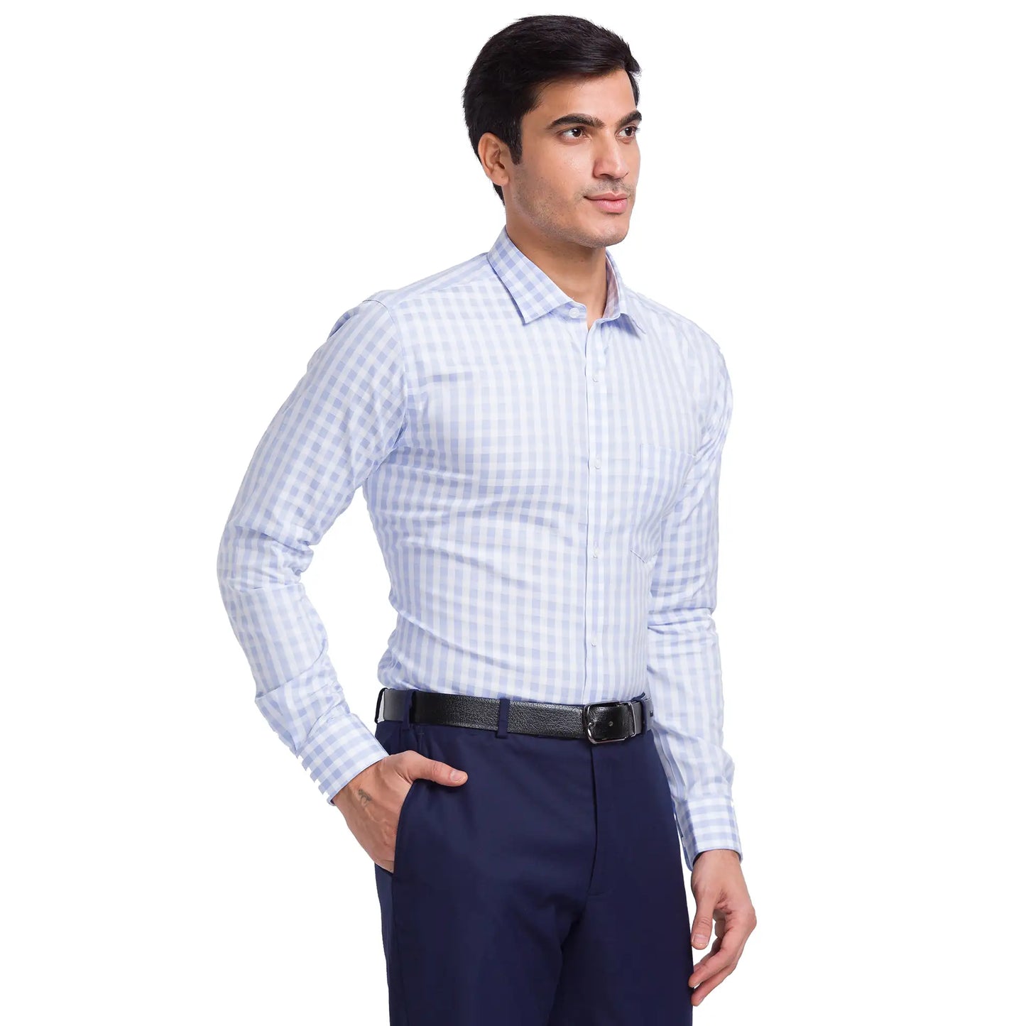 Men Blue Slim Fit Checks Cotton Cut Away Collar Shirts