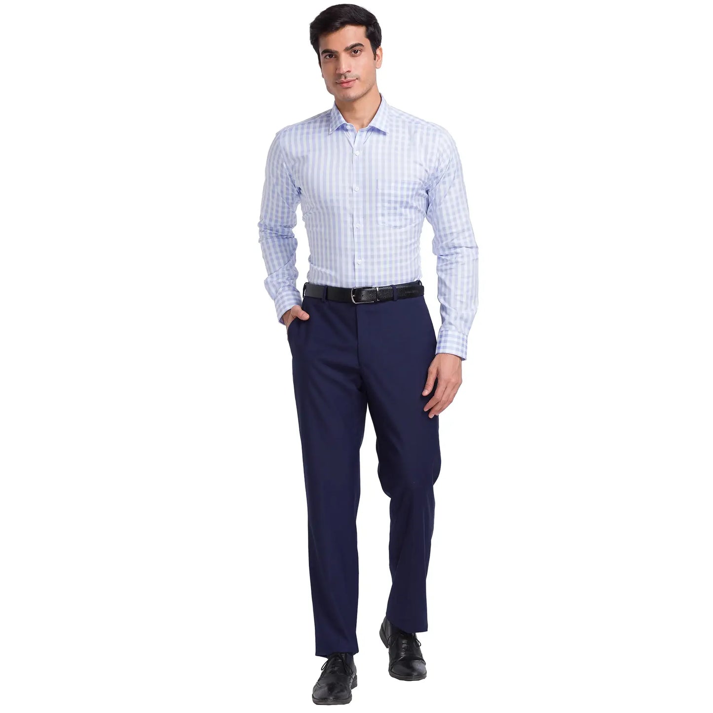 Men Blue Slim Fit Checks Cotton Cut Away Collar Shirts
