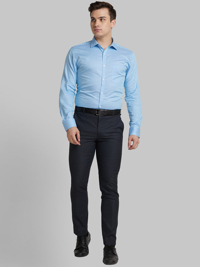 Park Avenue Men Blue Self Design Slim Fit Full Sleeve Semi Cut Away Collar Shirt