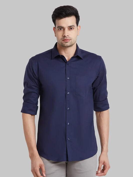 Men Blue Slim Fit Solid Cotton Blend   Shirts