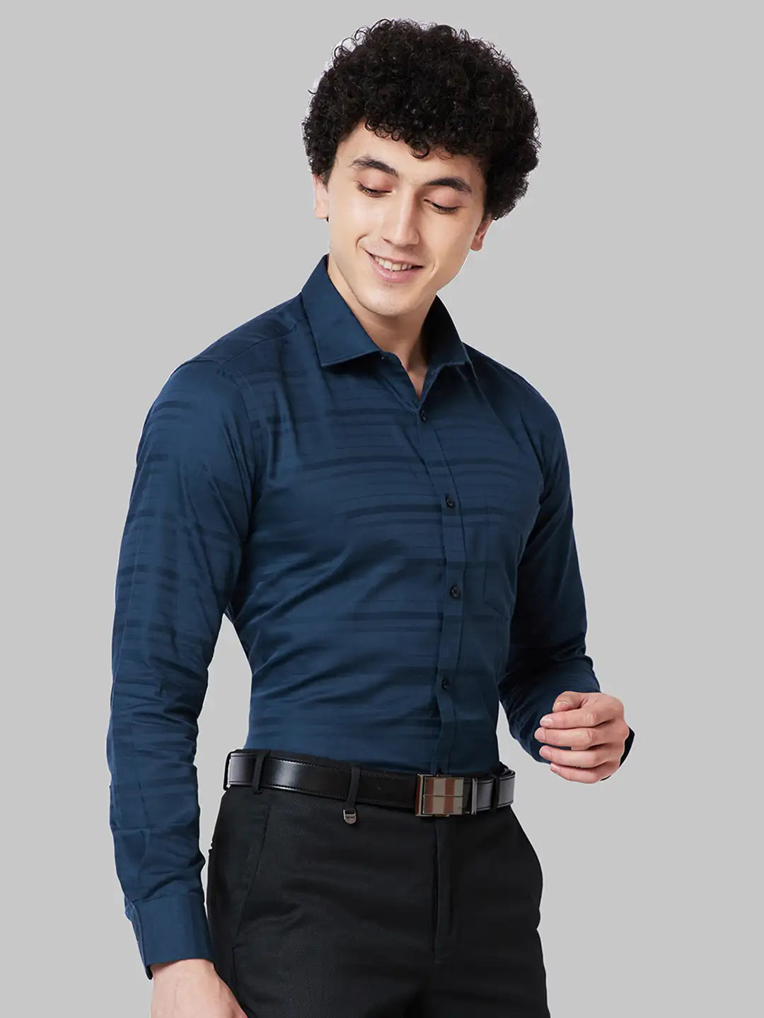 Men Petrol Slim Fit Stripe Cotton Shirts