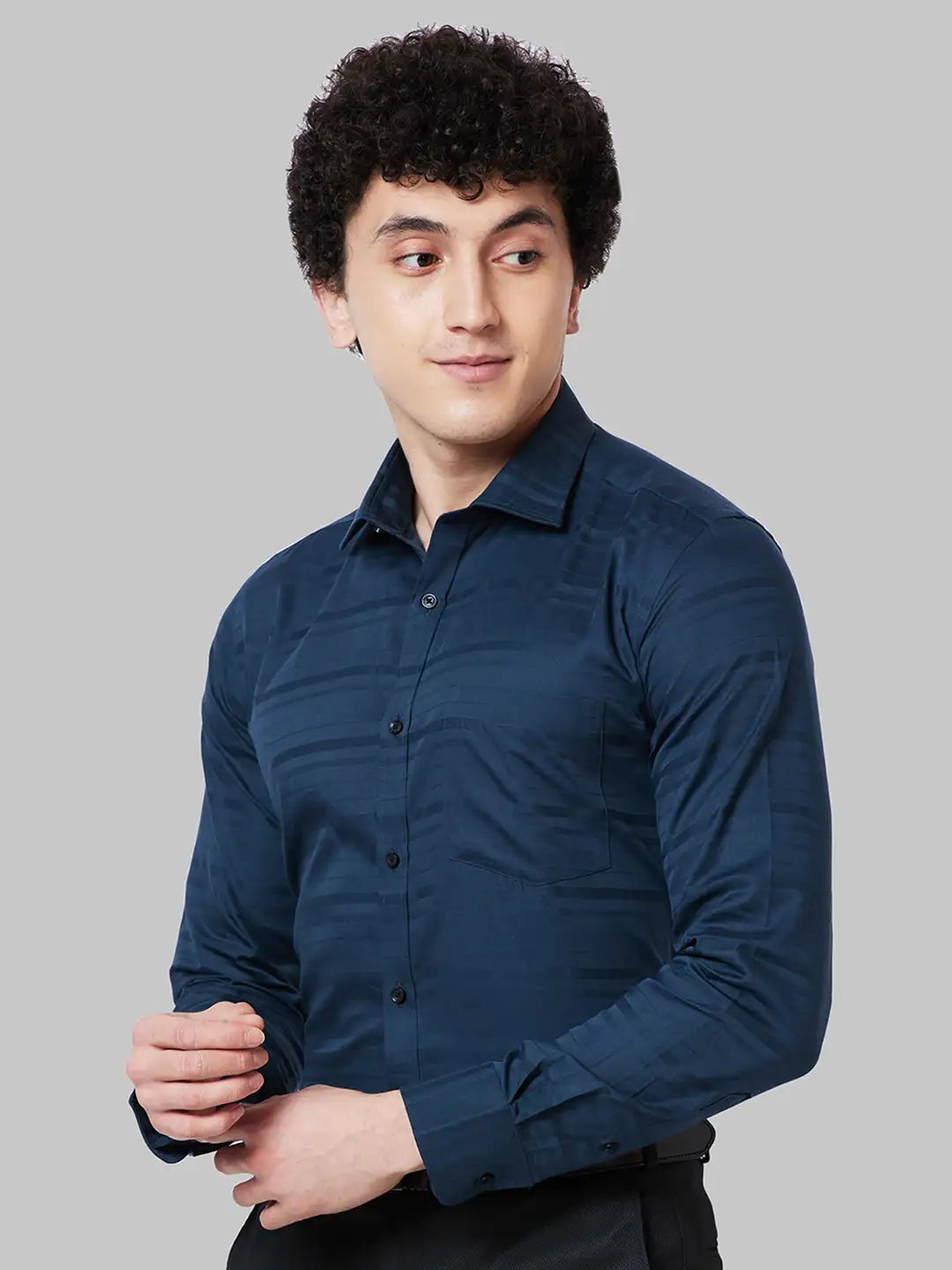 Men Petrol Slim Fit Stripe Cotton Shirts
