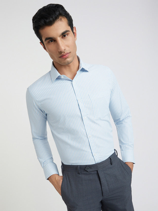Park Avenue Blue Stripe Slim Fit Cotton Blend Formal Shirt