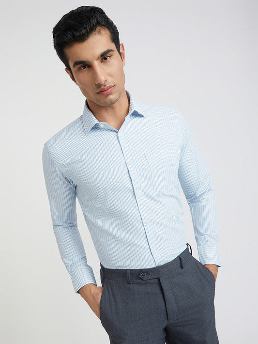 Park Avenue Blue Stripe Slim Fit Cotton Blend Formal Shirt