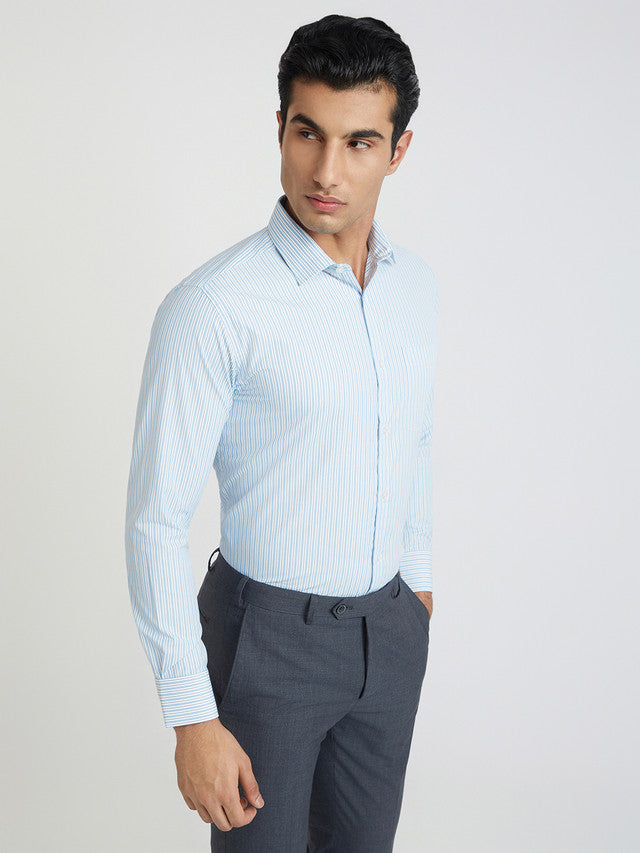 Park Avenue Blue Stripe Slim Fit Cotton Blend Formal Shirt