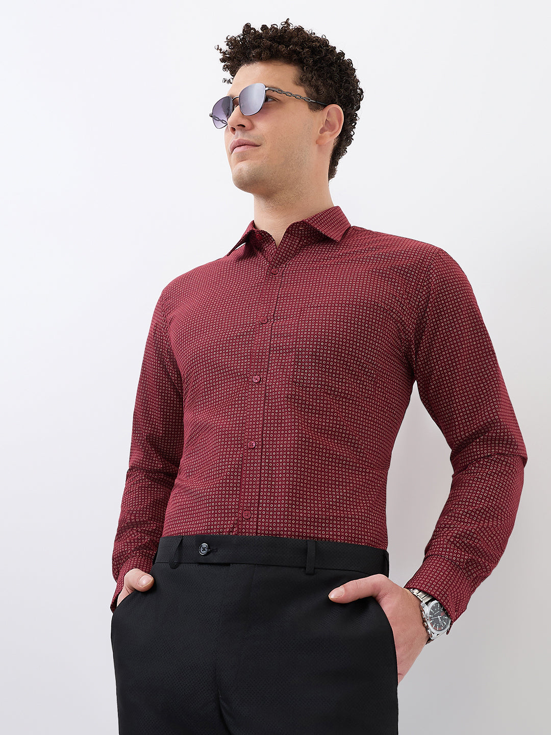 Park Avenue Men Maroon Printed Slim Fit Polyester Blend Formal Shirt