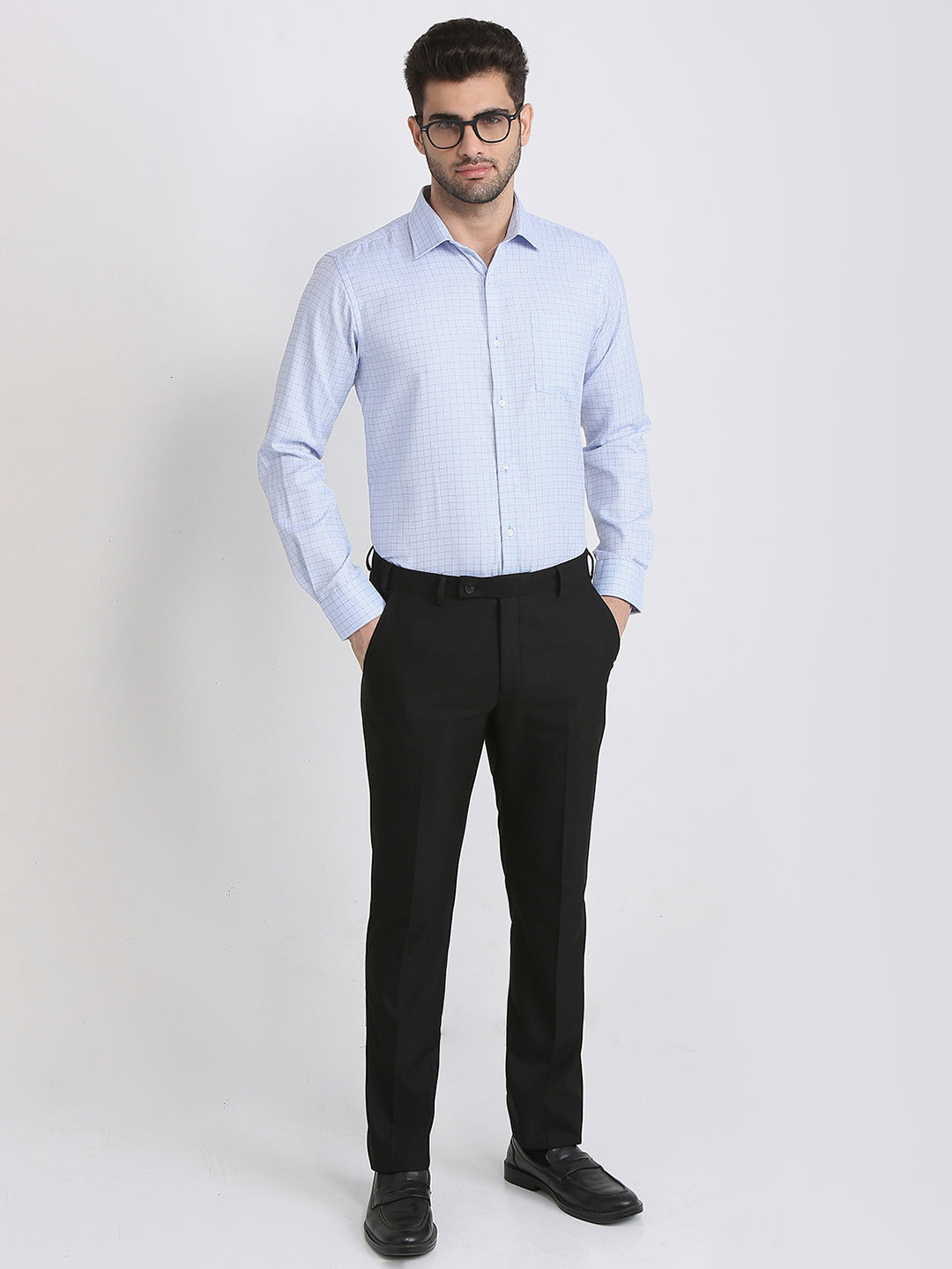 Park Avenue Men Blue Checks Slim Fit Cotton Blend Formal Shirt
