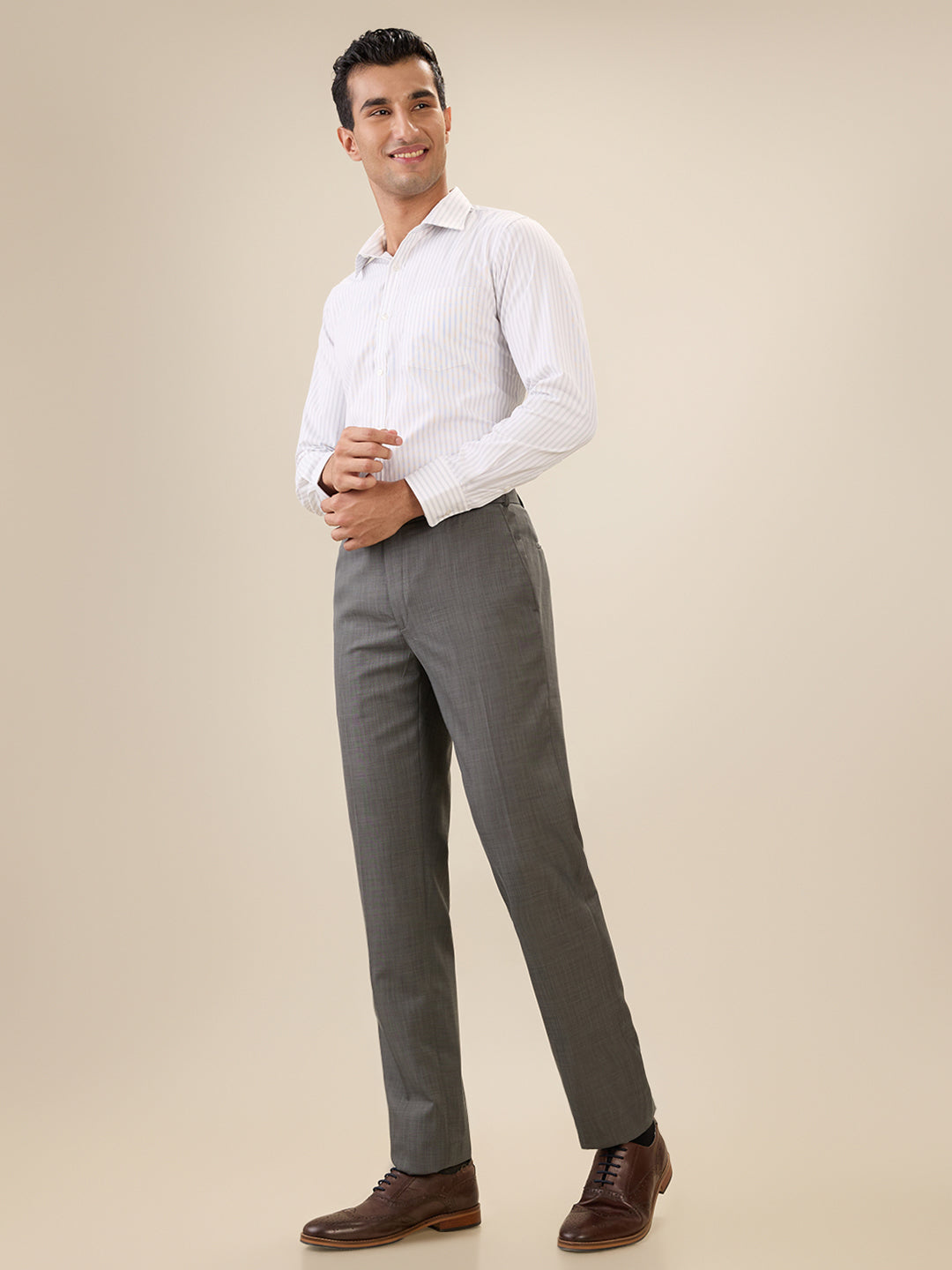 Park Avenue Men Grey Solid Slim Fit Polyester Blend Trouser