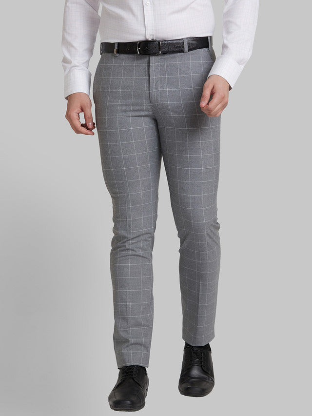 Park Avenue Men Grey Checkered Super Slim Fit Trouser