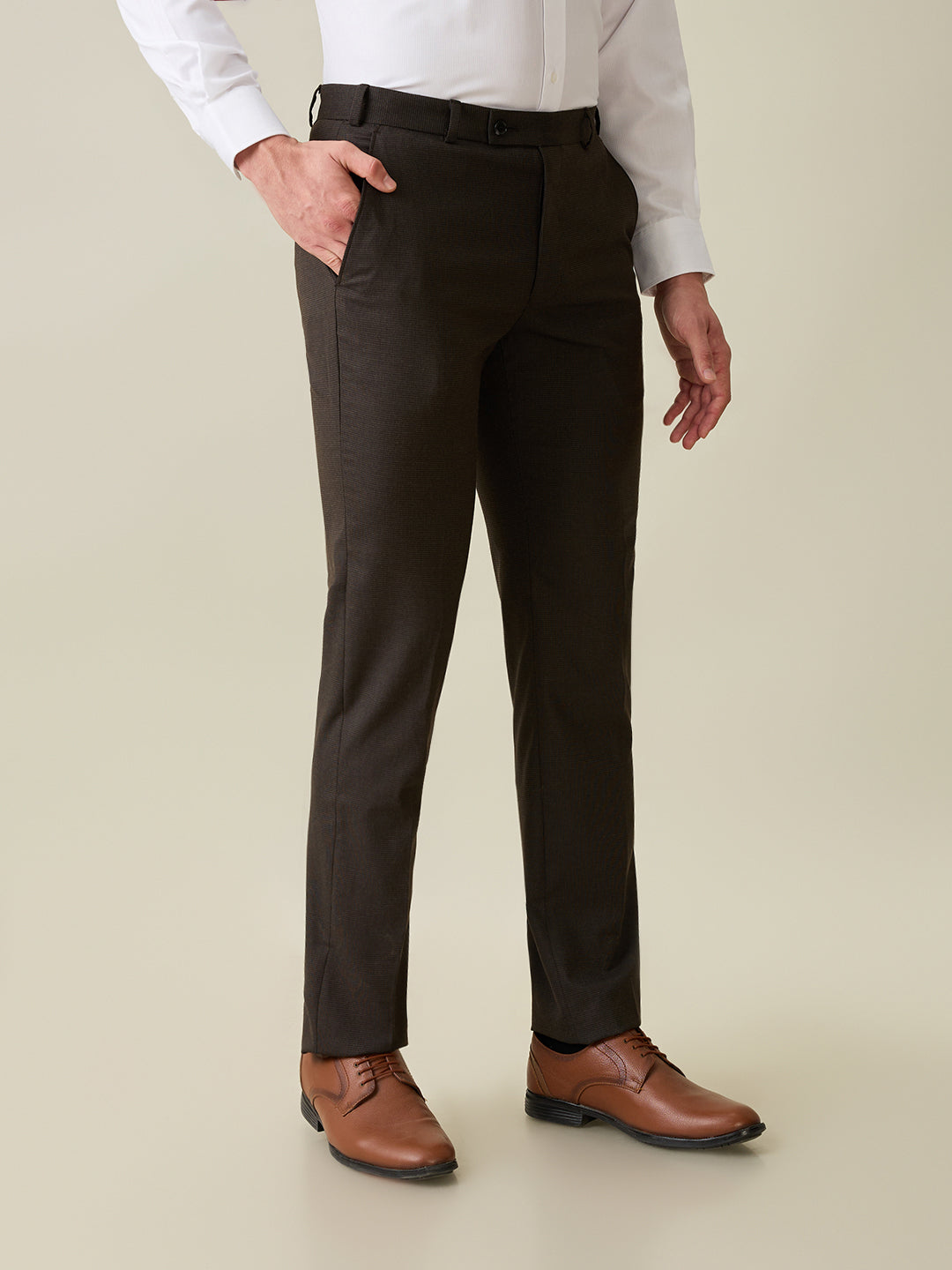 Park Avenue Men Brown Solid Slim Fit Polyester Blend Trouser