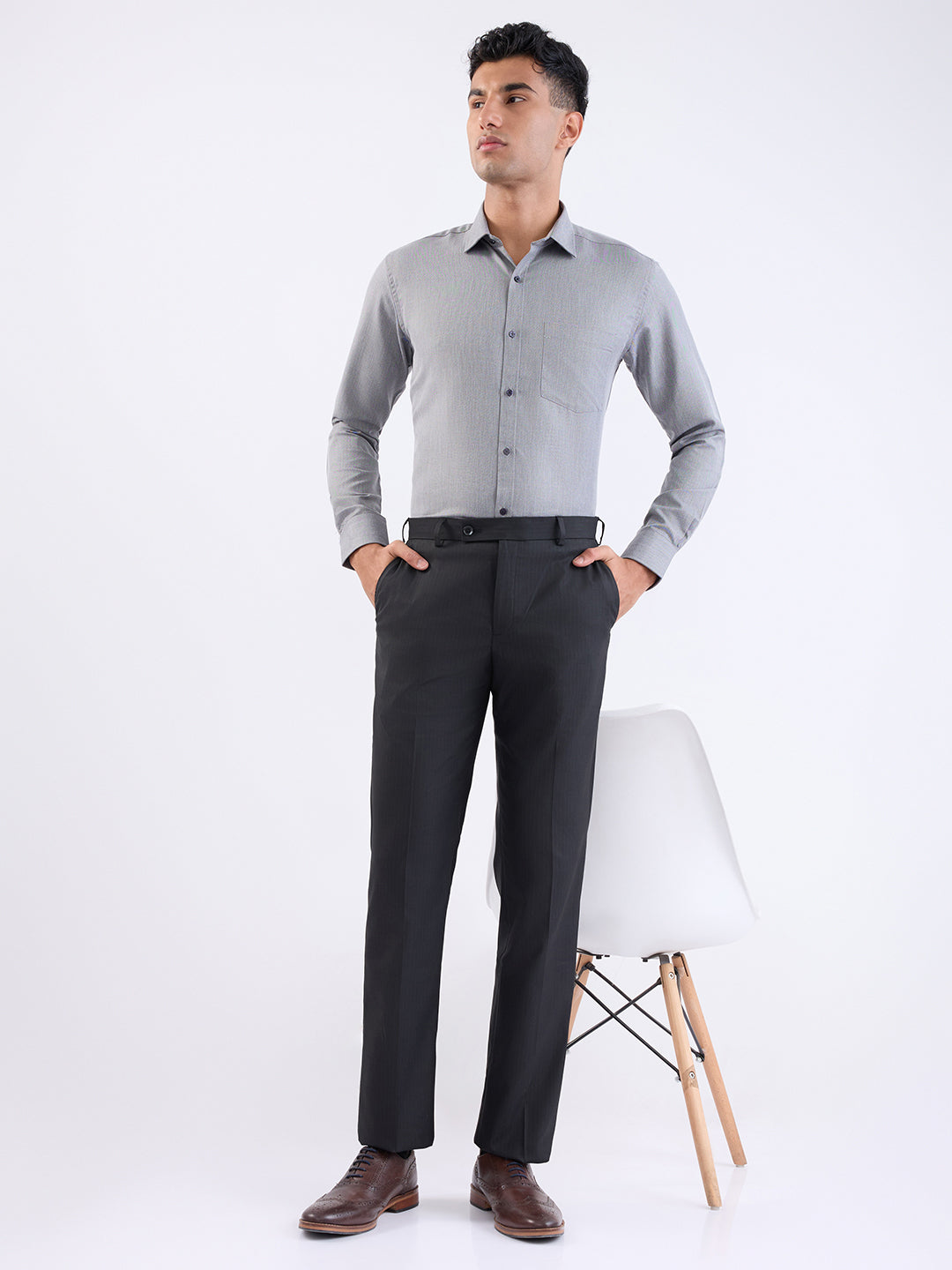 Park Avenue Men Black Stripe Smart Fit Polyester Blend Trouser