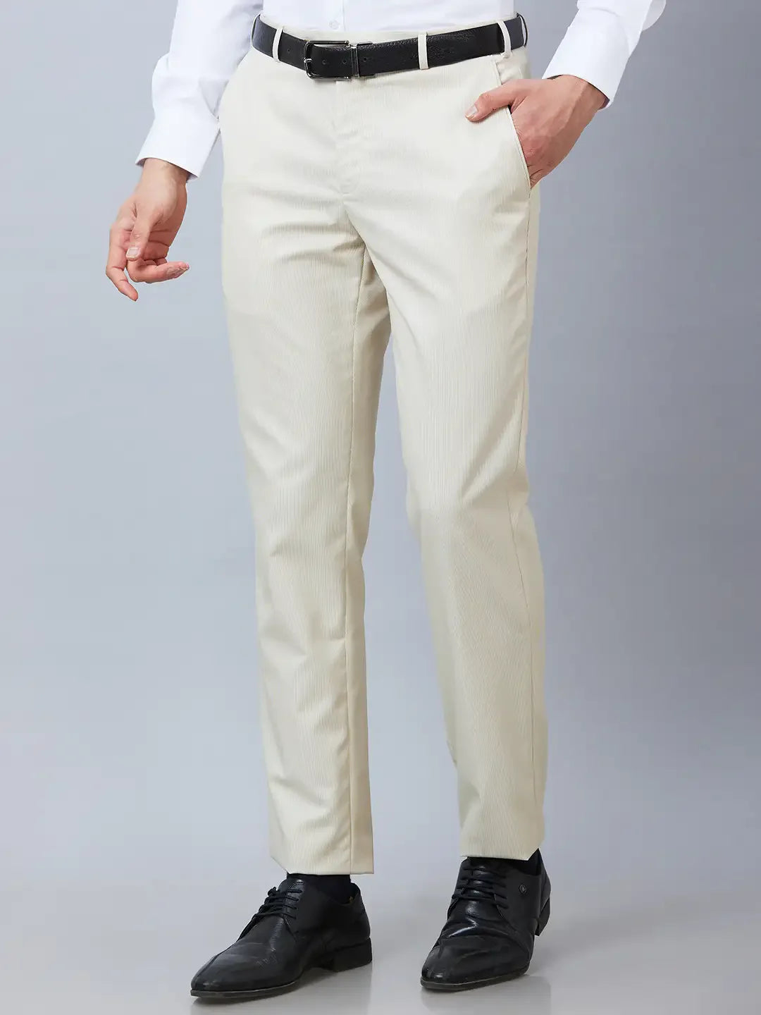 Park Avenue Men Fawn Stripe Smart Fit Polyester Blend Trouser