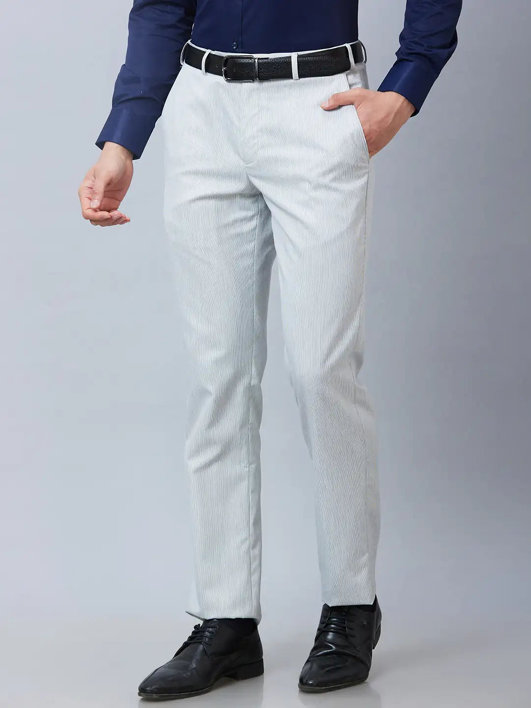 Park Avenue Men Grey Stripe Smart Fit Polyester Blend Trouser