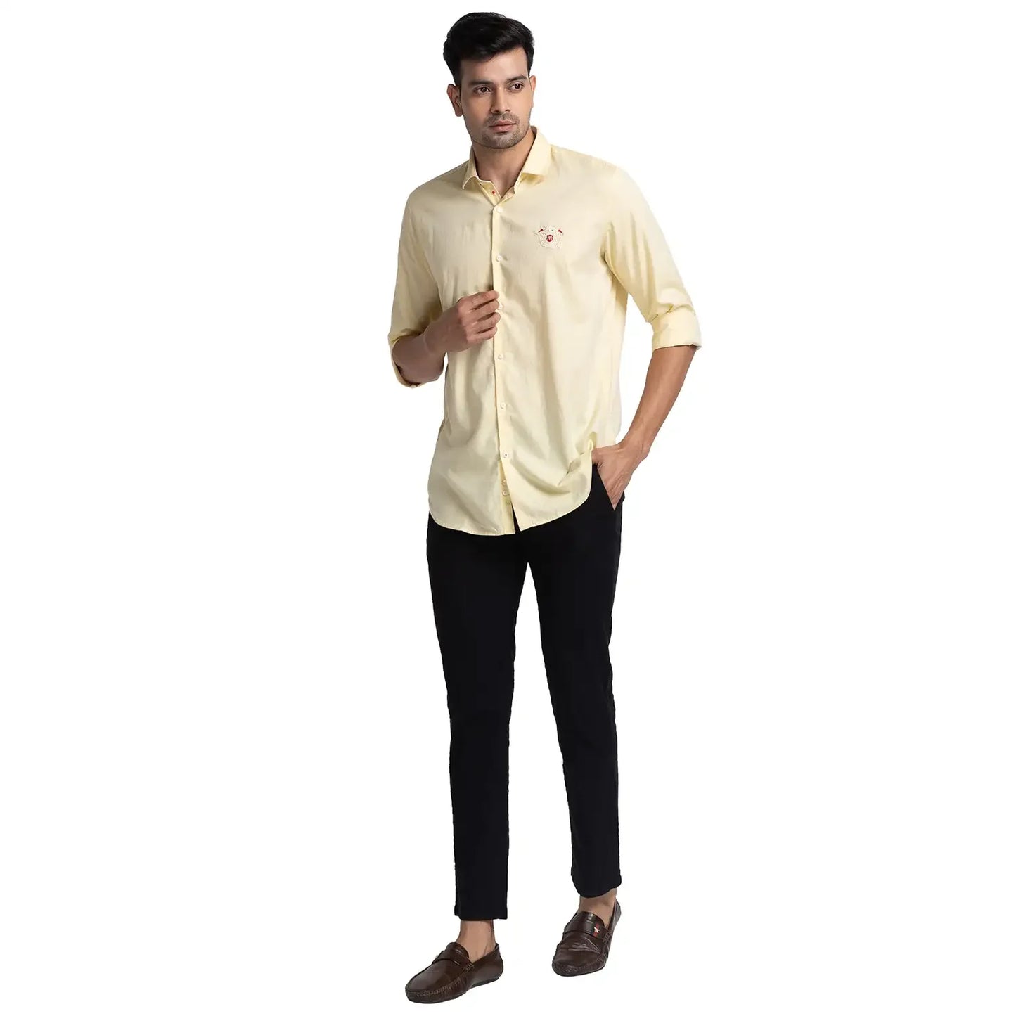 Men Yellow Contemporary Fit Solid Cotton Shirts