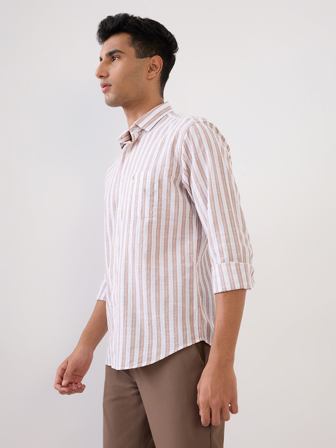 Raymond Men Brown Stripe Regular Fit Cotton Full Sleeve Casual Shirt