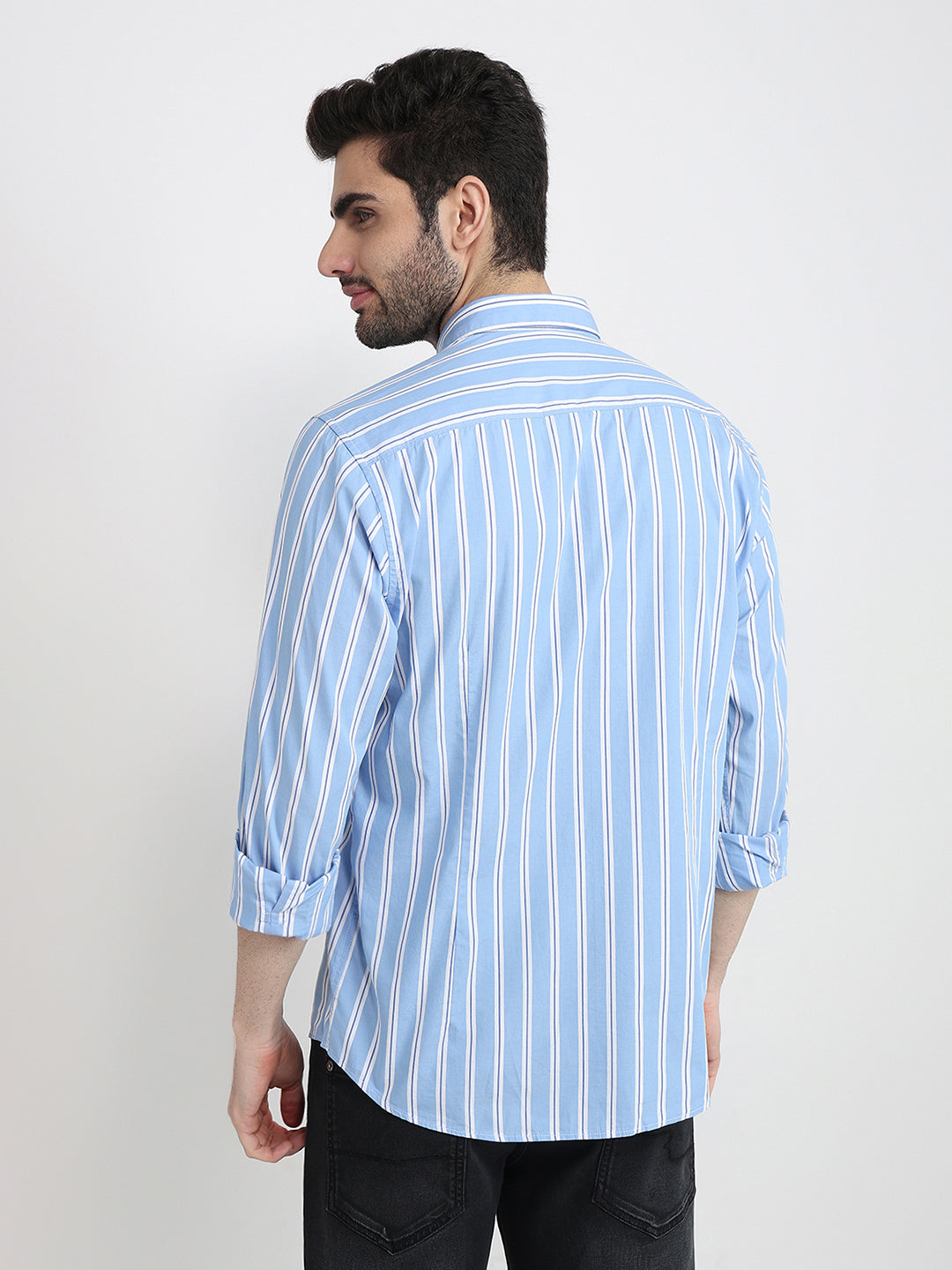 Raymond Men Blue Stripe Slim Fit Cotton Full Sleeve Cut Away Collar Casual Shirt