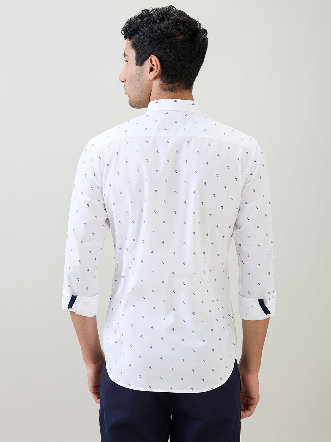 Raymond Men White Printed Slim Fit Cotton Full Sleeve Cut Away Collar Casual Shirt