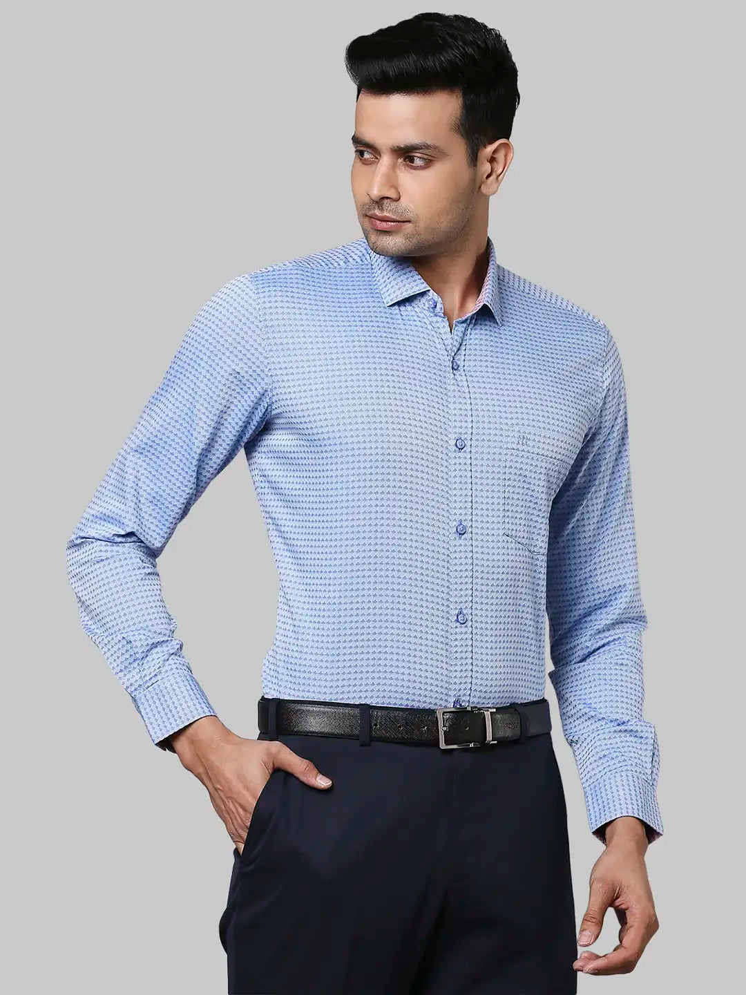 Raymond Men Blue Jacquard Contemporary Fit Cotton Shirts