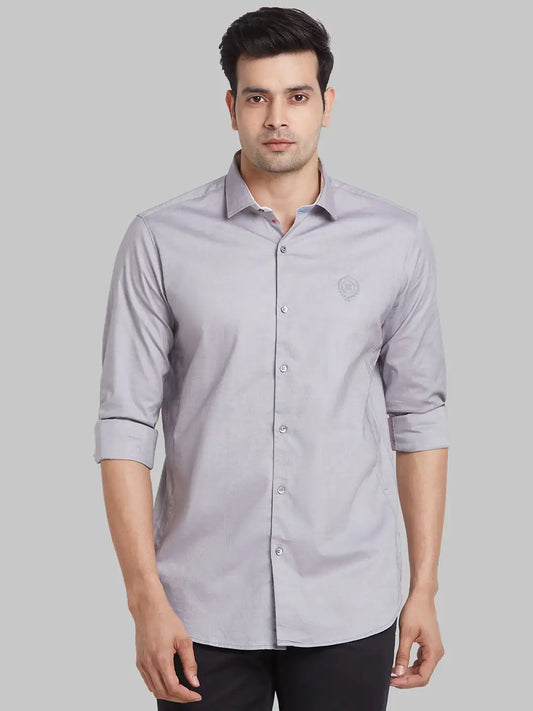 Men Grey Regualr Solid  Cotton  Regular Collar Shirts