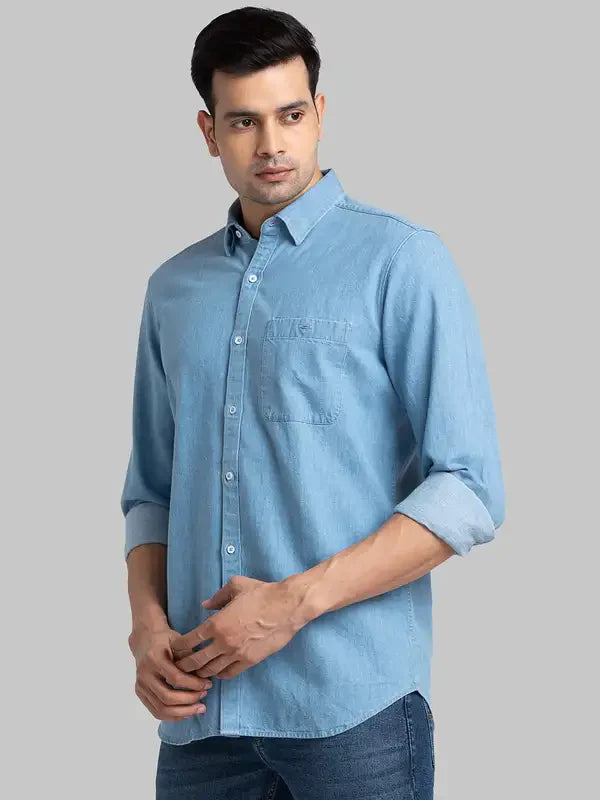 Men Blue Contemporary Fit Solid Cotton Shirts