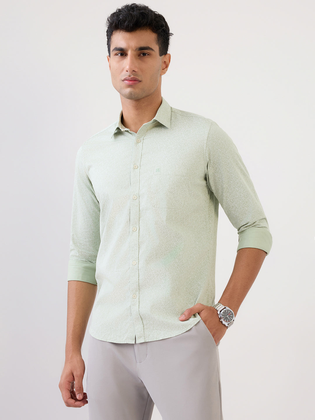 Raymond Men Green Printed Regular Fit Cotton Full Sleeve Casual Shirt