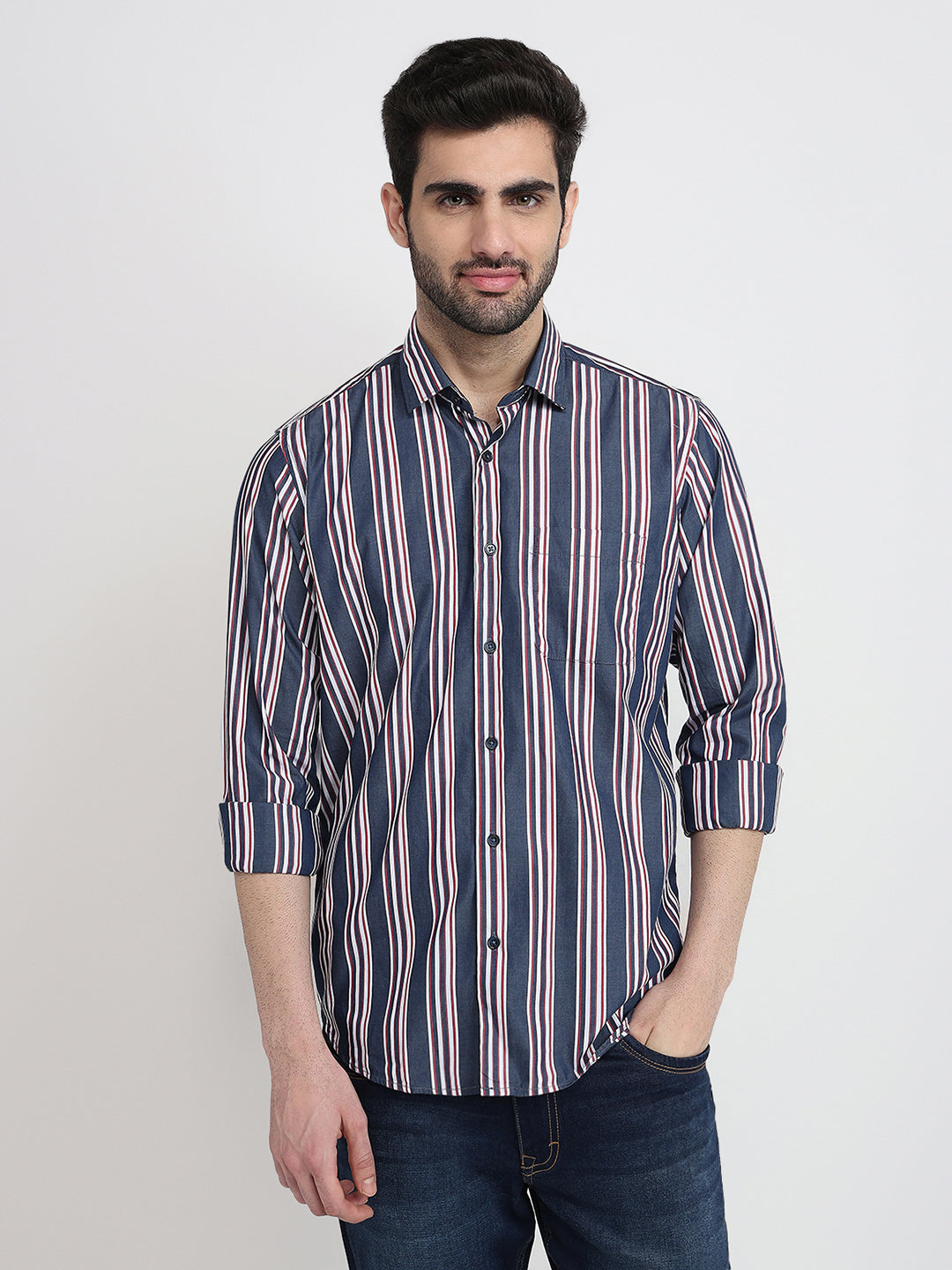 Raymond Men Blue Stripe Regular Fit Cotton Full Sleeve Casual Shirt