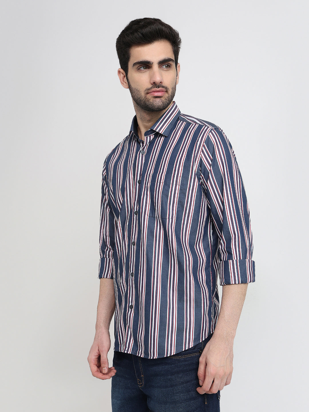 Raymond Men Blue Stripe Regular Fit Cotton Full Sleeve Casual Shirt