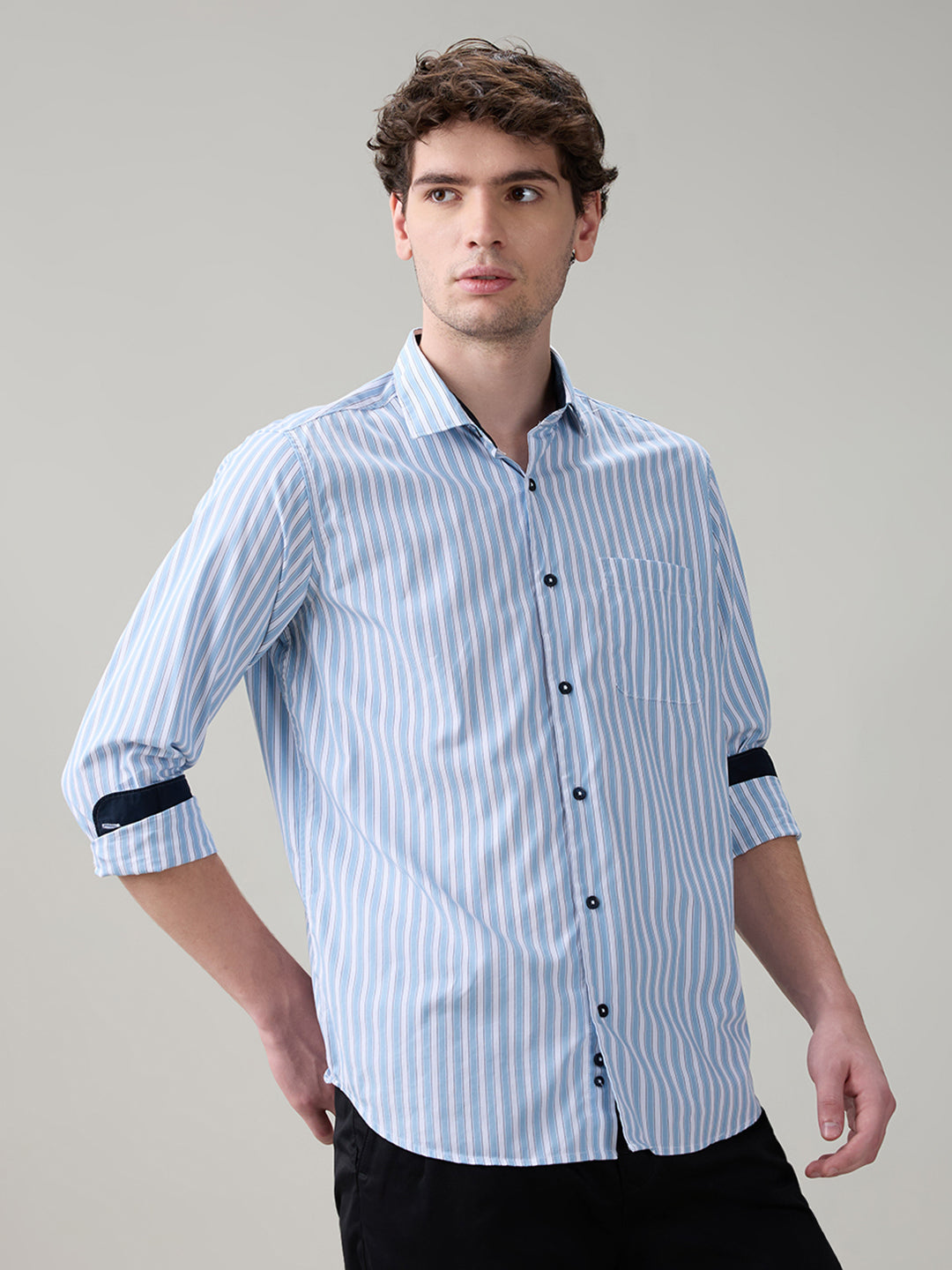 Raymond Men Blue Stripe Regular Fit Cotton Full Sleeve Casual Shirt