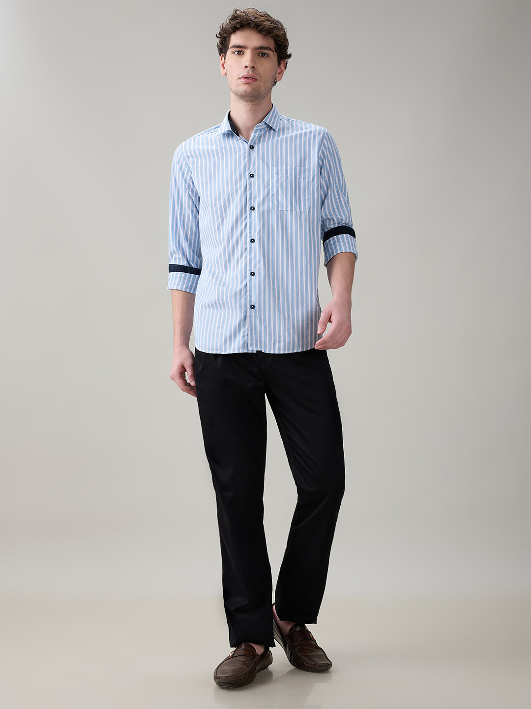 Raymond Men Blue Stripe Regular Fit Cotton Full Sleeve Casual Shirt