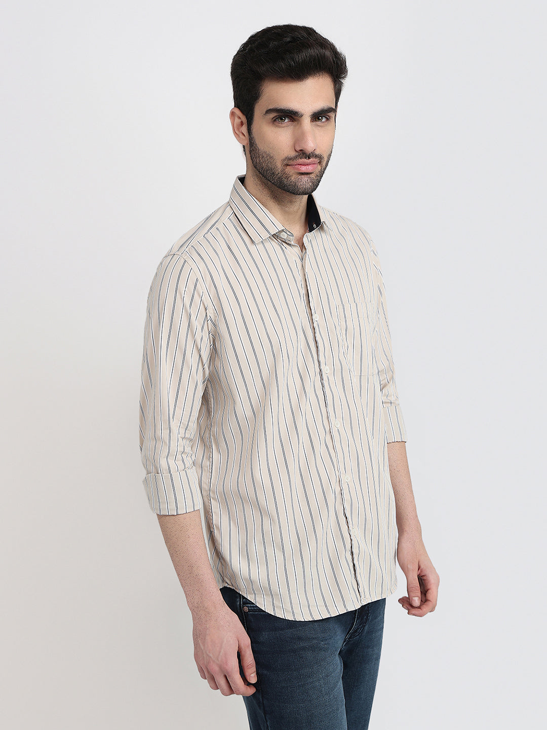 Raymond Men Brown Stripe Regular Fit Cotton Full Sleeve Regular Collar Casual Shirt