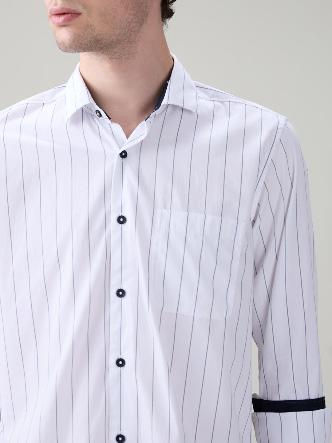 Raymond Men White Stripe Regular Fit Cotton Full Sleeve Casual Shirt