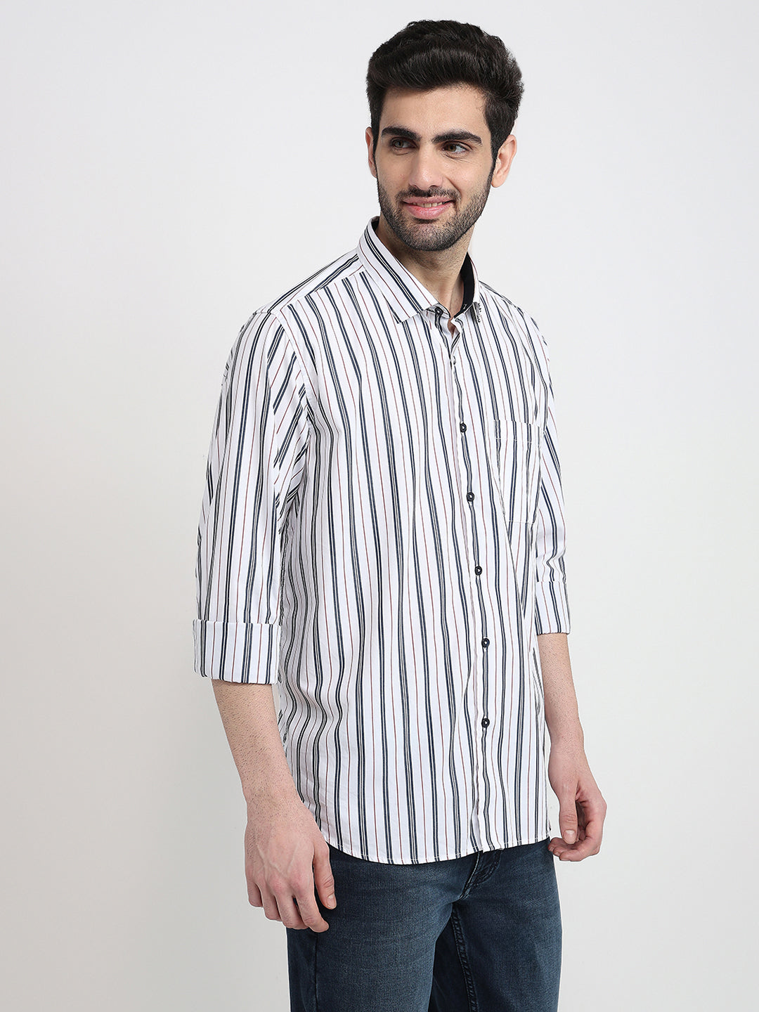 Raymond Men White Stripe Regular Fit Cotton Full Sleeve Casual Shirt
