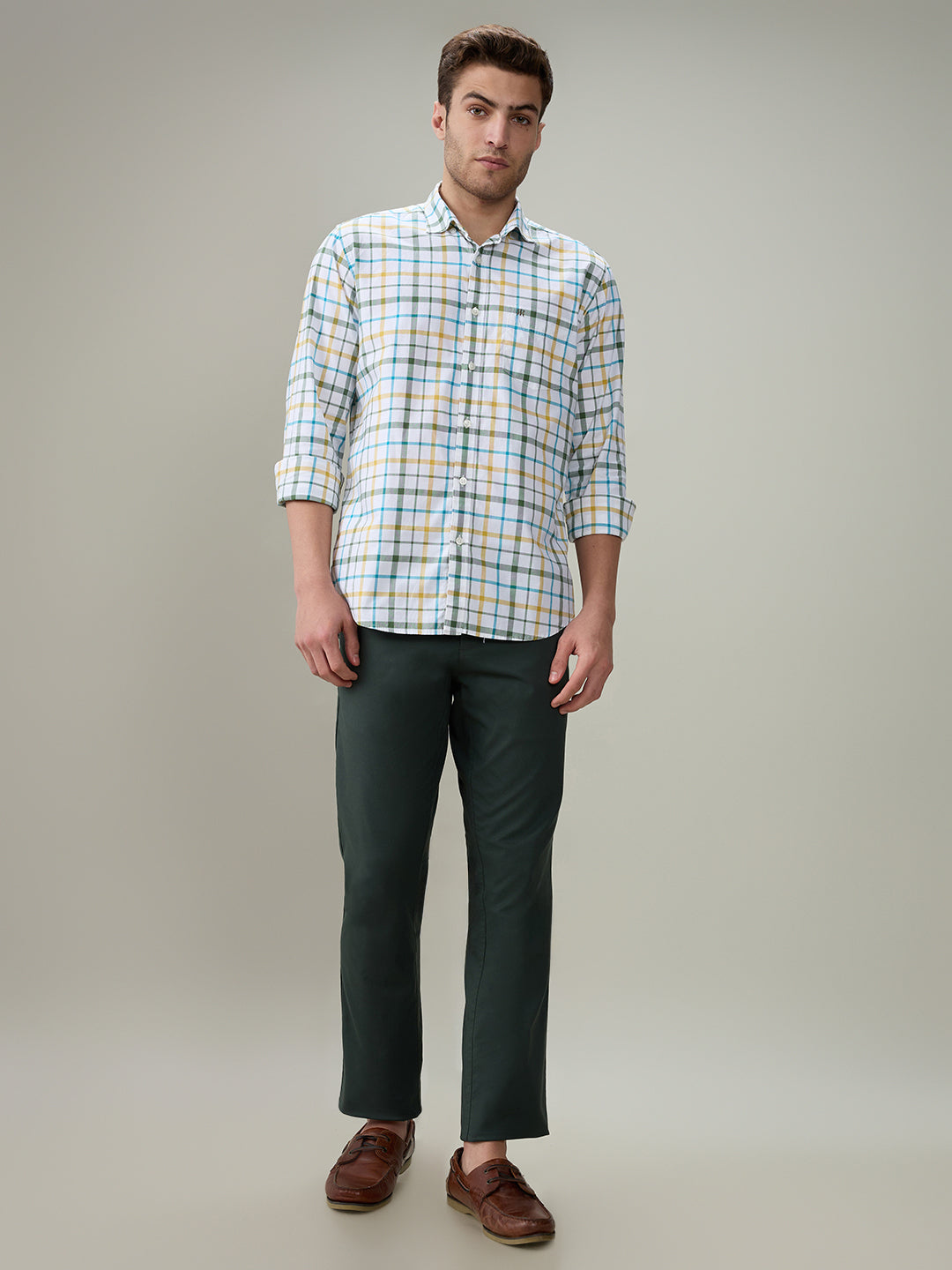 Raymond Men Green Checks Regular Fit Cotton Full Sleeve Casual Shirt