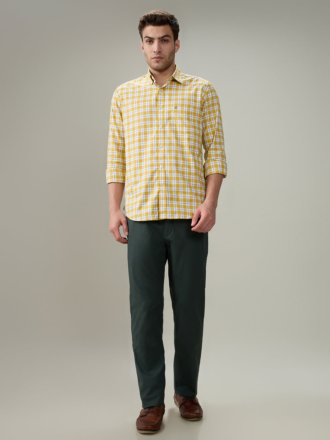 Raymond Men Yellow Checks Regular Fit Cotton Full Sleeve Casual Shirt