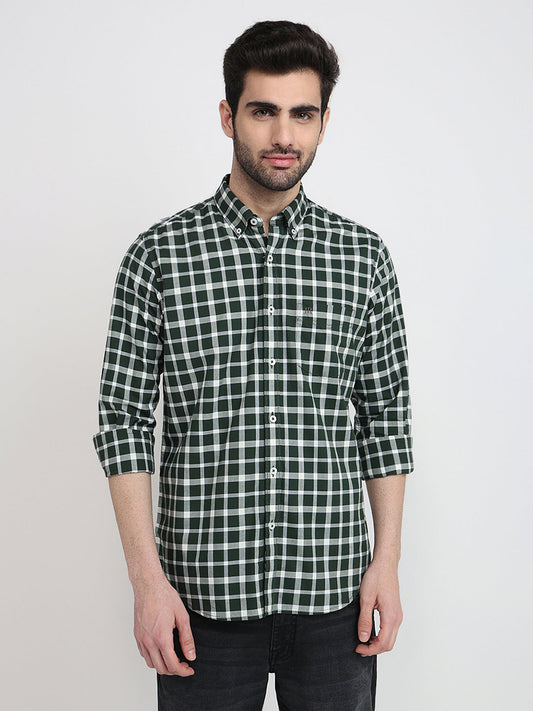 Raymond Men Green Checks Regular Fit Cotton Full Sleeve Regular Collar Casual Shirt