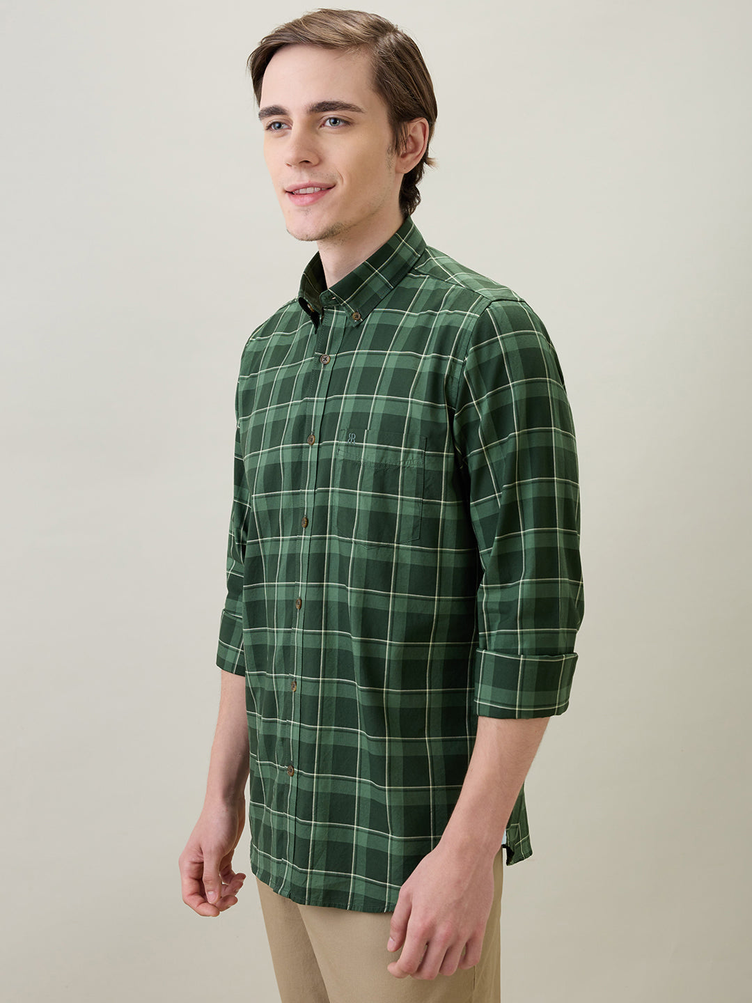 Raymond Men Green Checks Regular Fit Cotton Full Sleeve Casual Shirt
