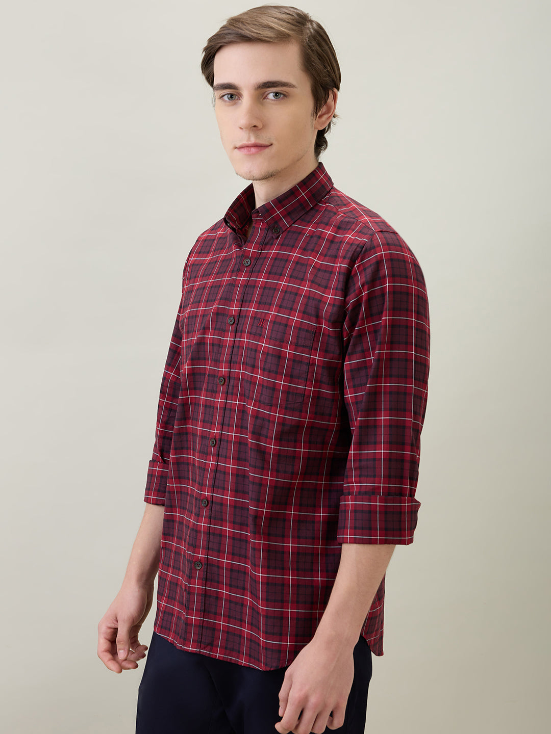 Raymond Men Brown Checks Regular Fit Cotton Full Sleeve Casual Shirt