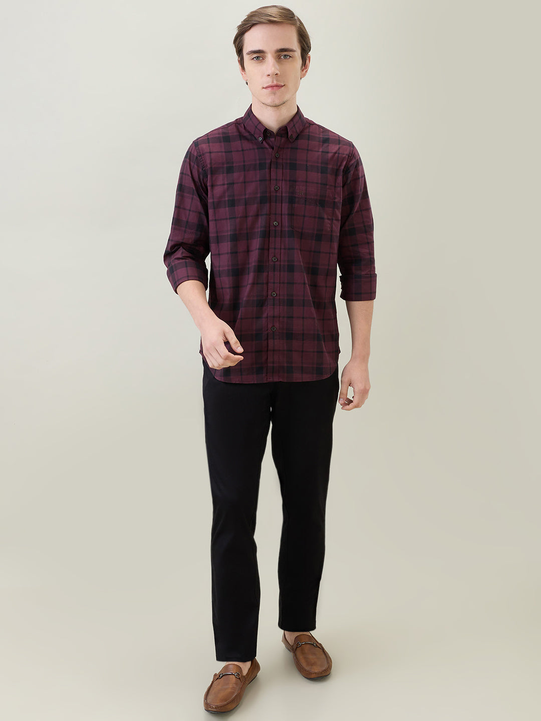 Raymond Men Brown Checks Regular Fit Cotton Full Sleeve Casual Shirt