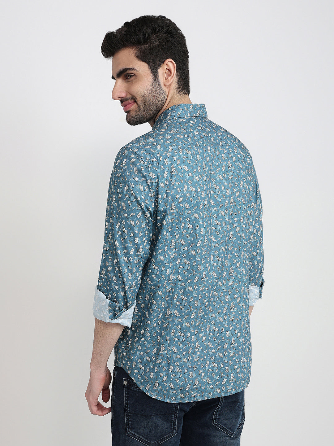 Raymond Men Blue Printed Regular Fit Cotton Blend Full Sleeve Casual Shirt