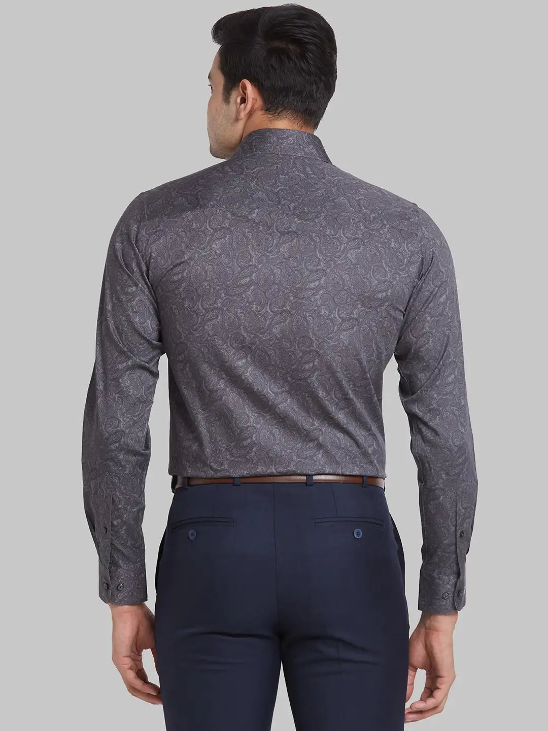 Men Grey Slim Print Cotton Shirts