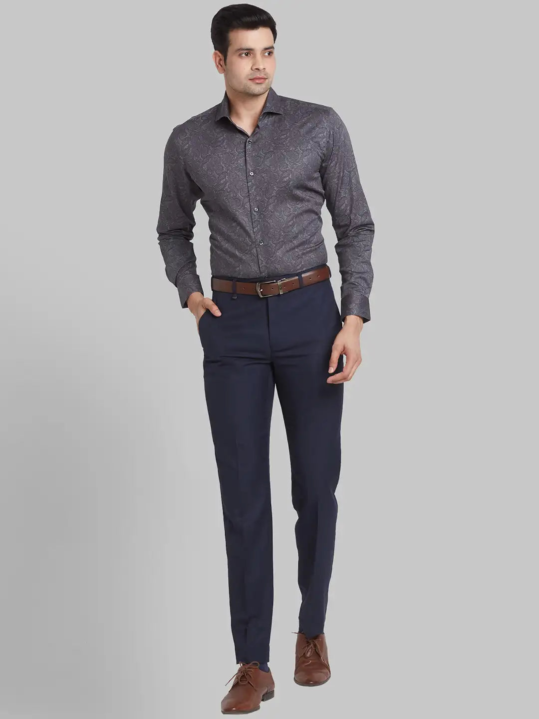 Men Grey Slim Print Cotton Shirts