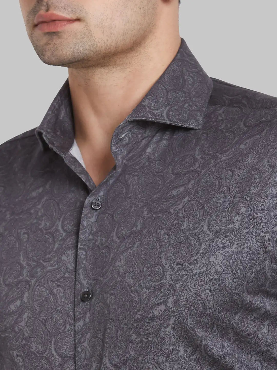 Men Grey Slim Print Cotton Shirts